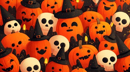Playful pumpkins with happy spooky faces, tiny skulls, glowing candles, and witch hats on orange