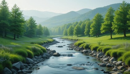 "Eco-Friendly Nature Layers – Soft Forests, Flowing Rivers, and Gentle Hills Creating a Simple Wallpaper That Reflects the Peace and Renewal of a Healthy Environment"
