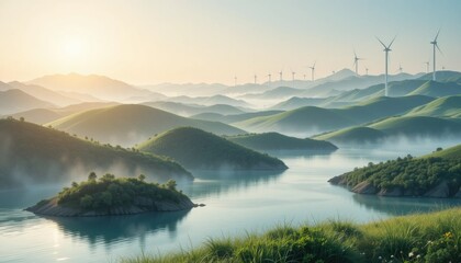 "Clean Energy Landscape Wallpaper – Subtle Sunlit Hills, Clear Waters, and Gentle Breezes Depicting the Serenity and Hope of a Future Built on Sustainability"
