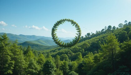 "Circle of Life Forest Scene – Minimal Rolling Hills, Clean Blue Skies, and Vibrant Greenery Symbolizing the Balance of a Thriving, Sustainable Ecosystem"
