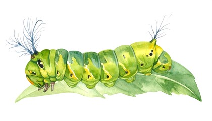 Watercolor illustration of a caterpillar on a leaf (2)
