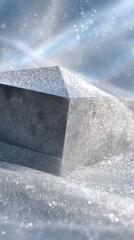 A grey cube rests atop a textured, shimmering surface of light-catching fabric.