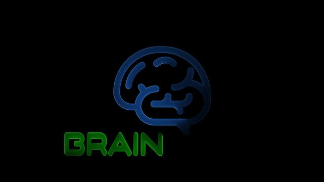 Low poly wireframe brain with connection dots glowing on black background. Continuous one single line drawing brain icon neon glow vector illustration ... 4K video.