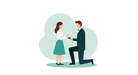 Romantic proposal scene with man on one knee offering a ring to woman in minimalist style