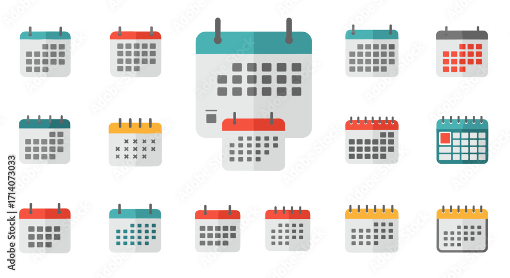 Poster diverse calendar icon set with flat design in various styles and colors