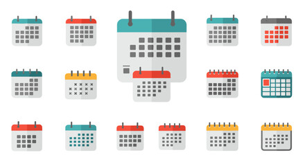 Diverse calendar icon set with flat design in various styles and colors