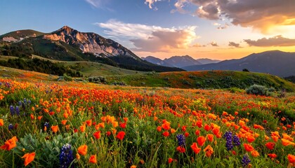 A vast field of vibrant wildflowers, bathed in the warm glow of a golden sunset, stretches across a hillside, framed by rolling mountains.