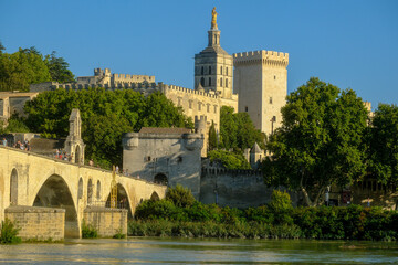 Saint-Benezet Bridge, the Cathedral and the Popes' Palace, medieval architecture on the banks of the Rhone River in Avignon, France.