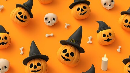 Obraz premium Friendly spooky pumpkins with silly scary grins, tiny skulls, glowing candles, and witch hats on orange