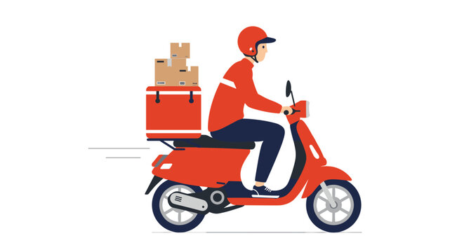 Courier on scooter delivering packages in flat design