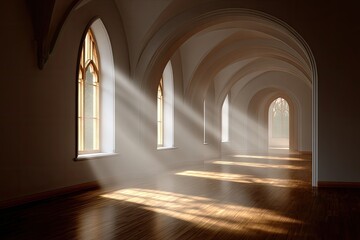 Obraz premium Sunlight streams through arched windows of a grand hall