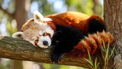 Red panda napping in a tree