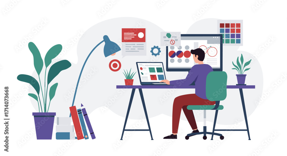 Poster home office workspace with designer creating digital art on computer
