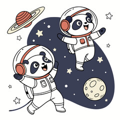 Two adorable cartoon pandas dressed as astronauts happily floating in outer space surrounded by stars planets and a moon