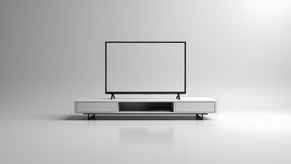 Modern minimalist television on a sleek white media console