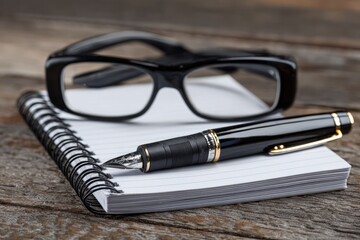 Fototapeta premium Black eyeglasses, pen, and notebook on rustic wood