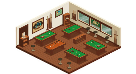 Isometric billiard room with pool tables and bar stools