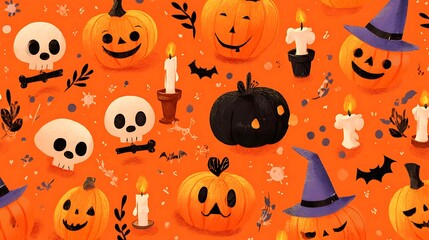 Playful spooky pumpkins with silly scary smiles, small skulls, candles, and witch hats on orange