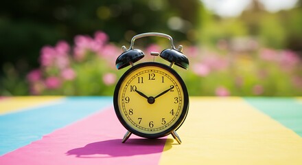 Vintage Alarm Clock with Yellow Face and Black Bells on Colorful Surface Outdoors