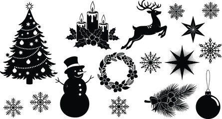 Christmas, holiday, winter, icon, tree, candle, holly, reindeer, snowman, wreath, ornament, pine branch, snowflake, vector, black, white, design, art, festive, seasonal