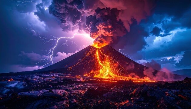 A dramatic volcanic eruption unfolds under a turbulent sky, showcasing glowing lava flows and flashes of lightning - Powered by Adobe