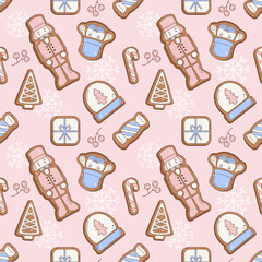 Pink nutcracker Christmas cookies seamless pattern with holiday sweets, snowflakes, and festive winter design on a pink background.