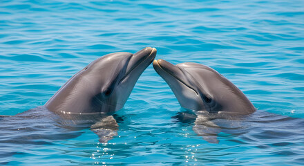 Naklejka premium Two Dolphins in Blue Water Touching Noses in Clear Ocean
