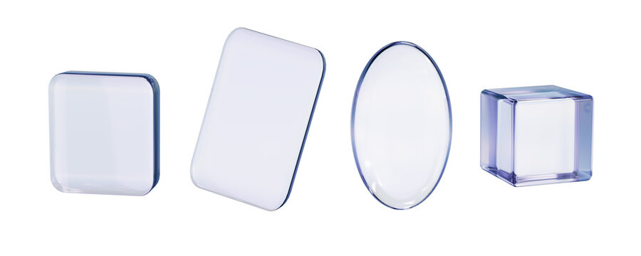Transparent glass shapes set &ndash; high-resolution PNG with circular, oval, and square elements. Glass shapes in blue and clear tones. With place for text on transparent background. Style glassmorphism.