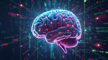 Glowing Brain Illustration on Futuristic Digital Technology Background