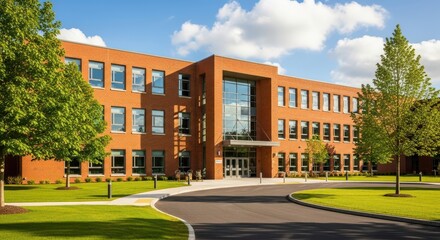 Modern Red Brick Office Building with Green Lawns and Trees