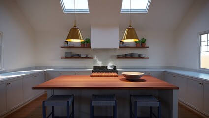 Modern kitchen island with pendant lights and skylights creating a bright space