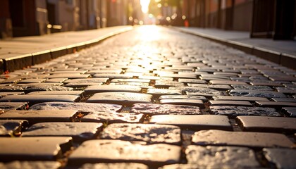 Cobblestone street bathed in golden sunlight (1)