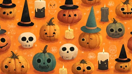 Whimsical spooky pumpkins with happy scary faces, little skulls, candles, and witch hats on orange