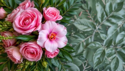 Fototapeta premium create a beautiful and vibrant floral arrangement featuring pink rose and tropical orchid flowers with green leaves, reminiscent of a nature inspired wedding backdrop