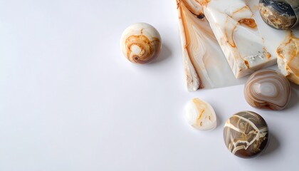 A collection of polished agate stones and slabs displays intricate patterns of creamy white, beige, and brown tones against a simple white background.