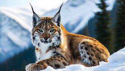 Obraz premium Alert Wildcat Lying in Snow, Amber Fur with Dark Spots in Mountain Landscape