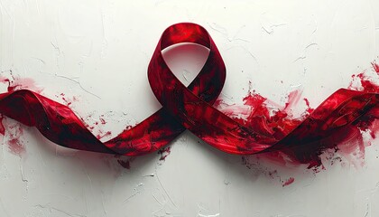 Red Awareness Ribbon with Blood Splashes on White Background