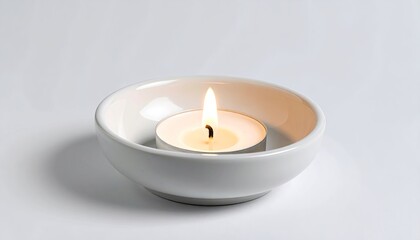 Lit Candle in White Ceramic Dish on White Background