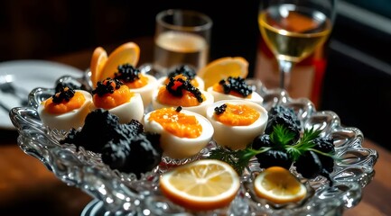 キャビアと卵の高級な前菜 シャンパン フルーツ