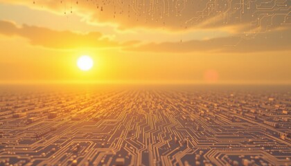 electronic circuit and personal data protection in a cybersecurity context, set against an empty background for photo use, warm ivory tones under a blazing sunset