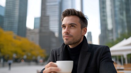 A man sits outdoors in a city, enjoying a coffee, looking thoughtfully into the distance.