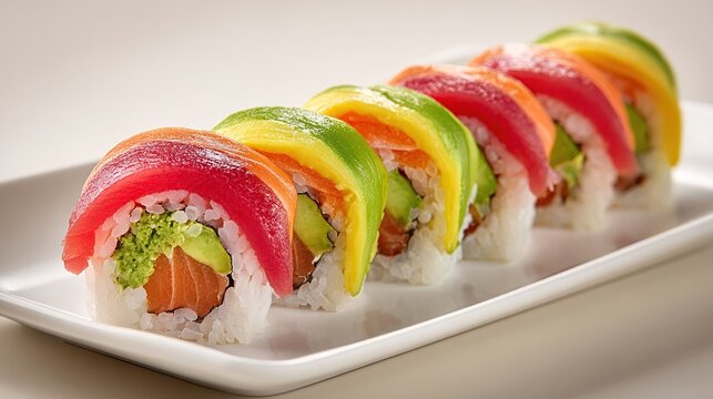 Row of colorful sushi rolls with assorted fish and avocado on a white rectangular plate