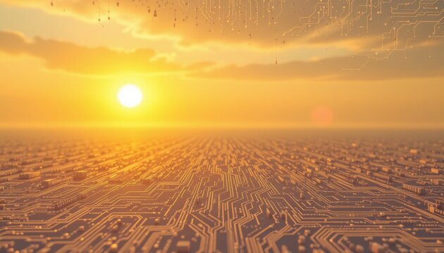 electronic circuit and personal data protection in a cybersecurity context, set against an empty background for photo use, warm ivory tones under a blazing sunset
