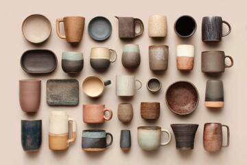Flatlay of assorted ceramic tableware.  Various shapes, colors, and sizes of mugs, bowls, plates, and pitchers on a beige background.  Hand-crafted aesthetic