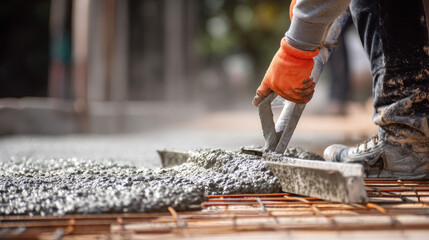 Construction worker spreading fresh concrete on a rebar base with a screed tool