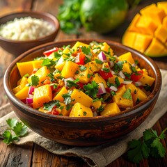 Vibrant diced mango salsa in a rustic bowl, showcasing fresh ingredients and a vibrant color palette.