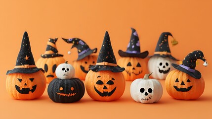 Playful spooky pumpkins with funny scary smiles, mini skulls, candles, and witch hats on orange
