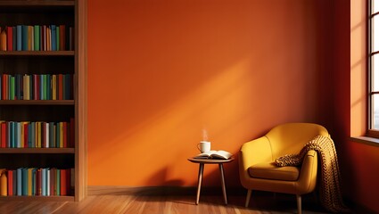 Cozy reading nook with armchair and bookshelf bathed in warm sunlight