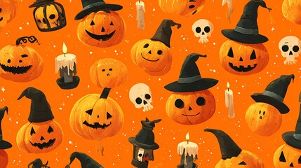 Friendly spooky pumpkins with goofy scary grins, tiny skulls, candles, and witch hats on orange