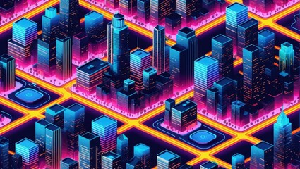 Futuristic Neon Cityscape with Vibrant Lights and Abstract Urban Grid at Night